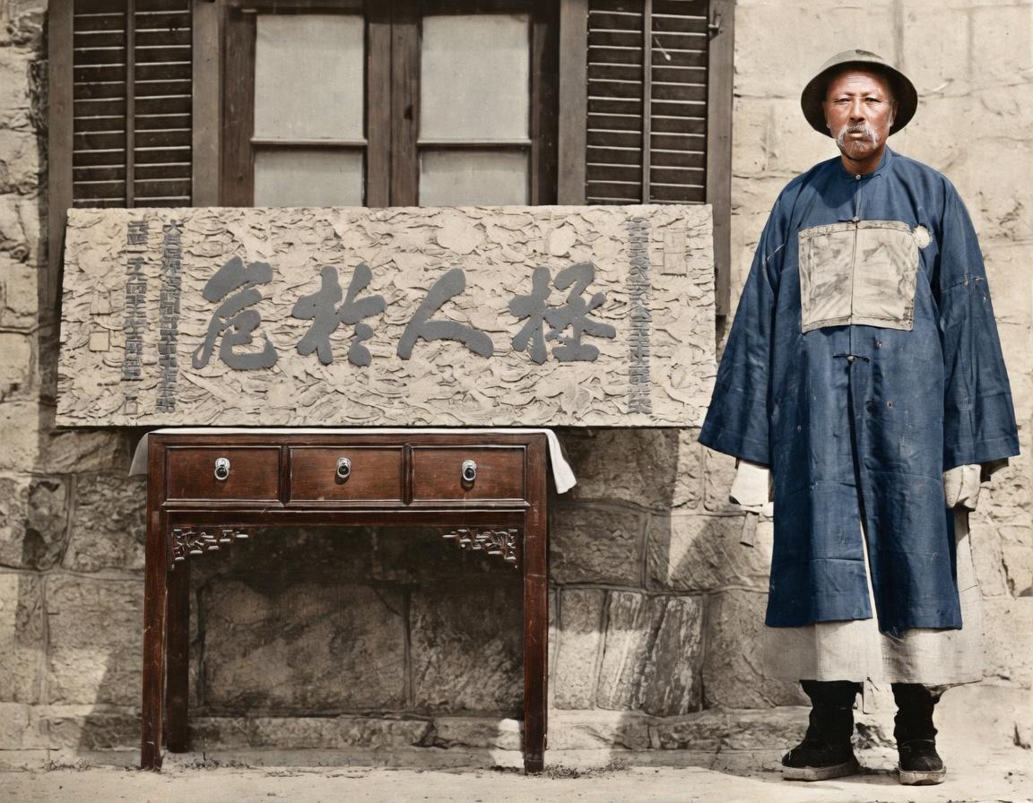 晚清，一位官员身着补服、脚蹬官靴，面容苍老、神情肃穆，他站在百姓赠送的颂德匾旁，