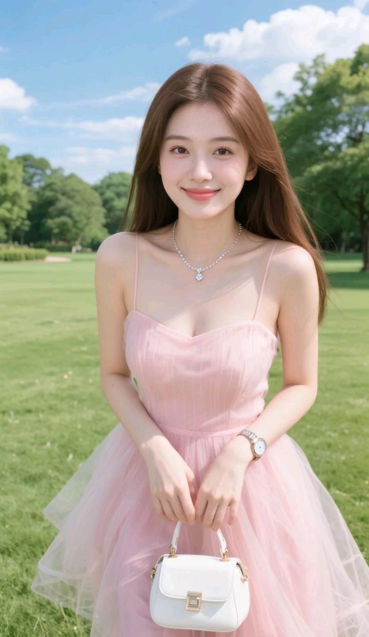 阳光明媚，她穿着粉色裙子在公园里微笑。与人交往,你更注重人品还是金钱? 淡粉色碎