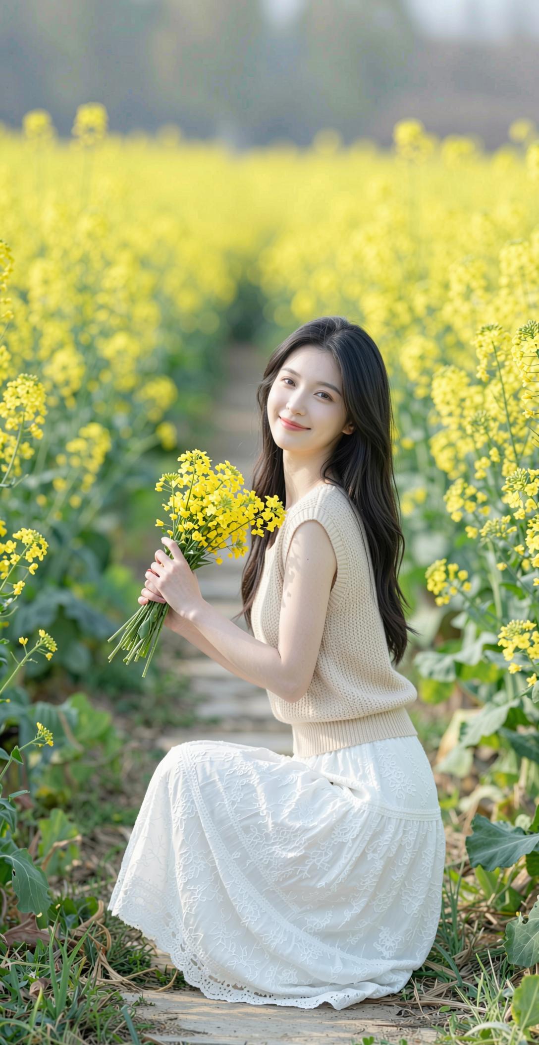 她身着浅杏色针织背心搭配白色蕾丝长裙，简约温柔，裙摆轻盈飘逸，尽显少女的灵动与柔