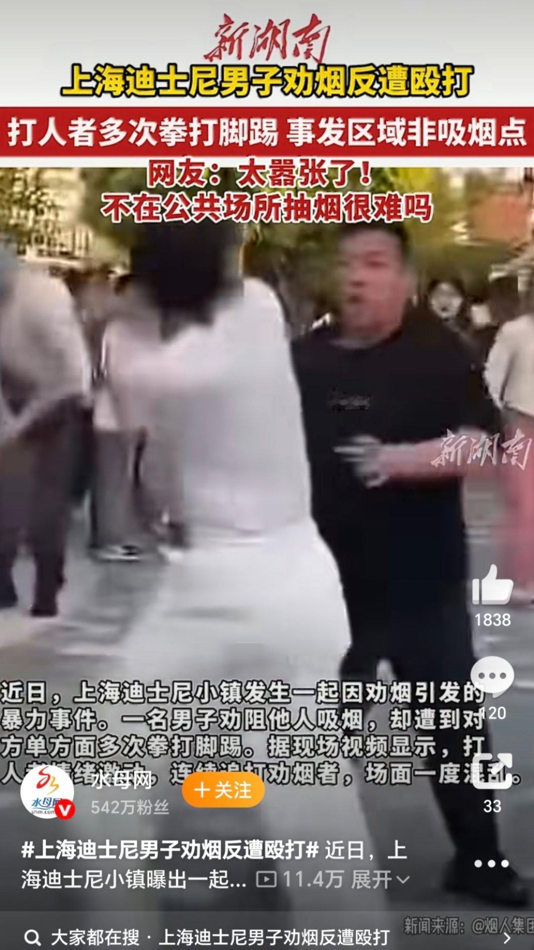 上海迪士尼男子被劝烟殴打劝烟者冲动真的太害人了！上海迪士尼里，有人好心劝阻别人抽
