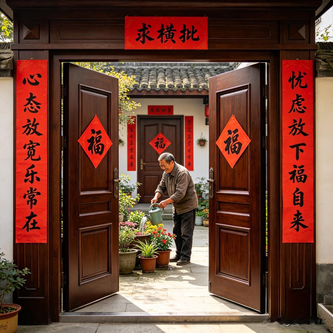 上联“心态放宽乐常在”、下联“忧虑放下福自来”，字字透着处世的通透，藏着对豁达人