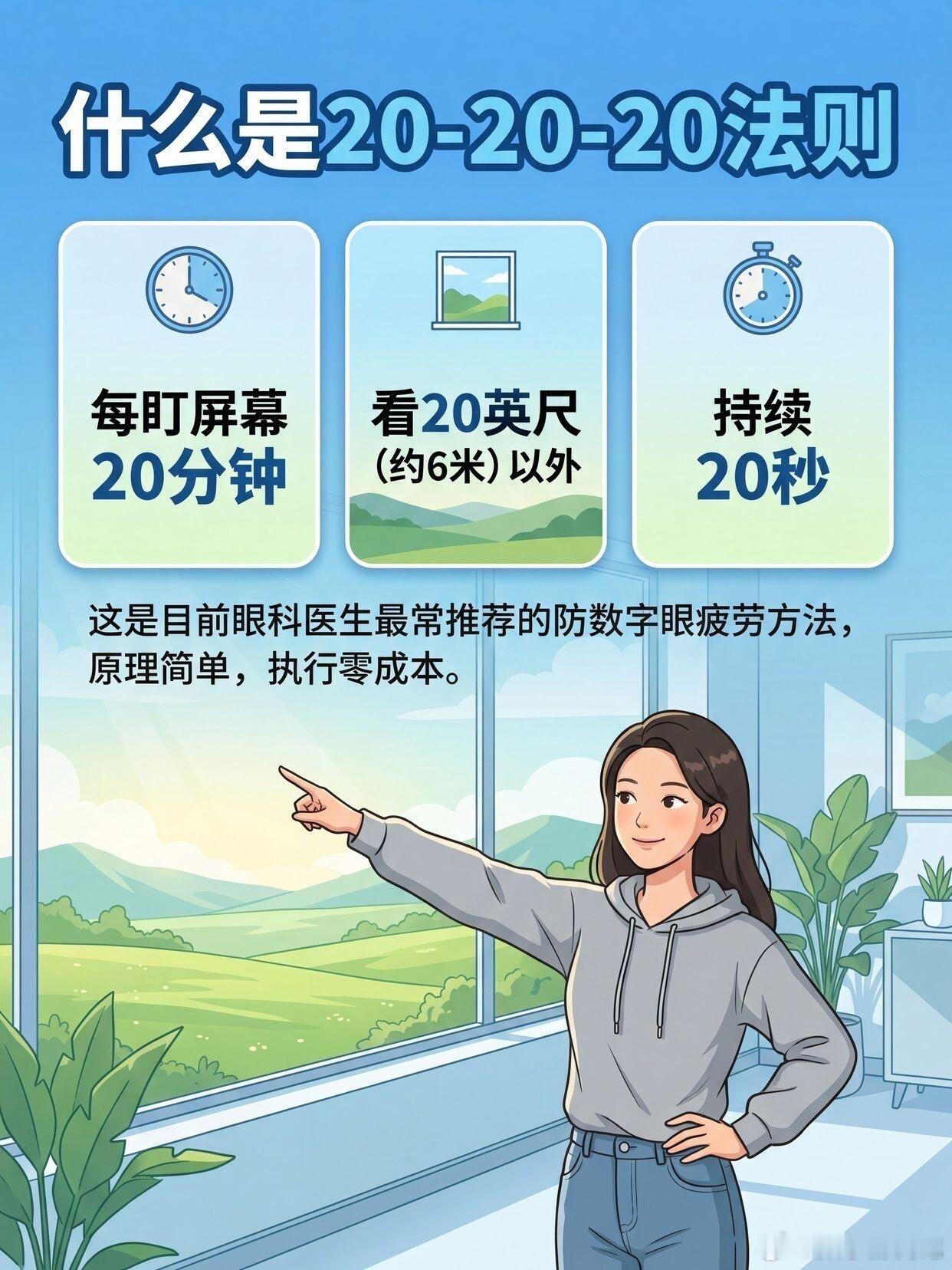 记住那个“20-20-20”法则，工作再忙，也允许自己每半小时发个呆、远眺个20