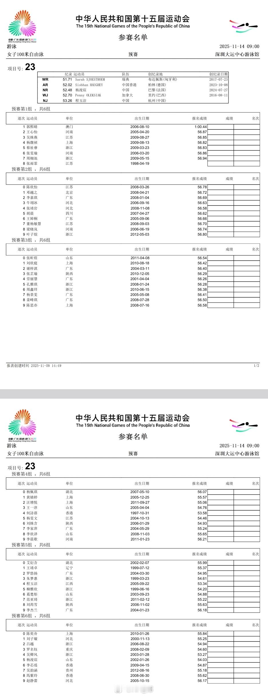 游泳🏊♂️项目第五天（11.14）预赛秩序单 