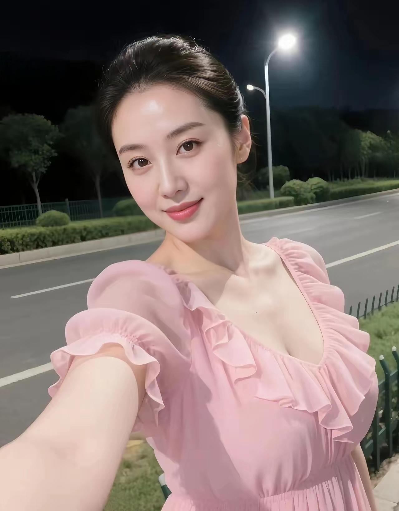 晚上散步，穿粉色裙子的美女自拍。