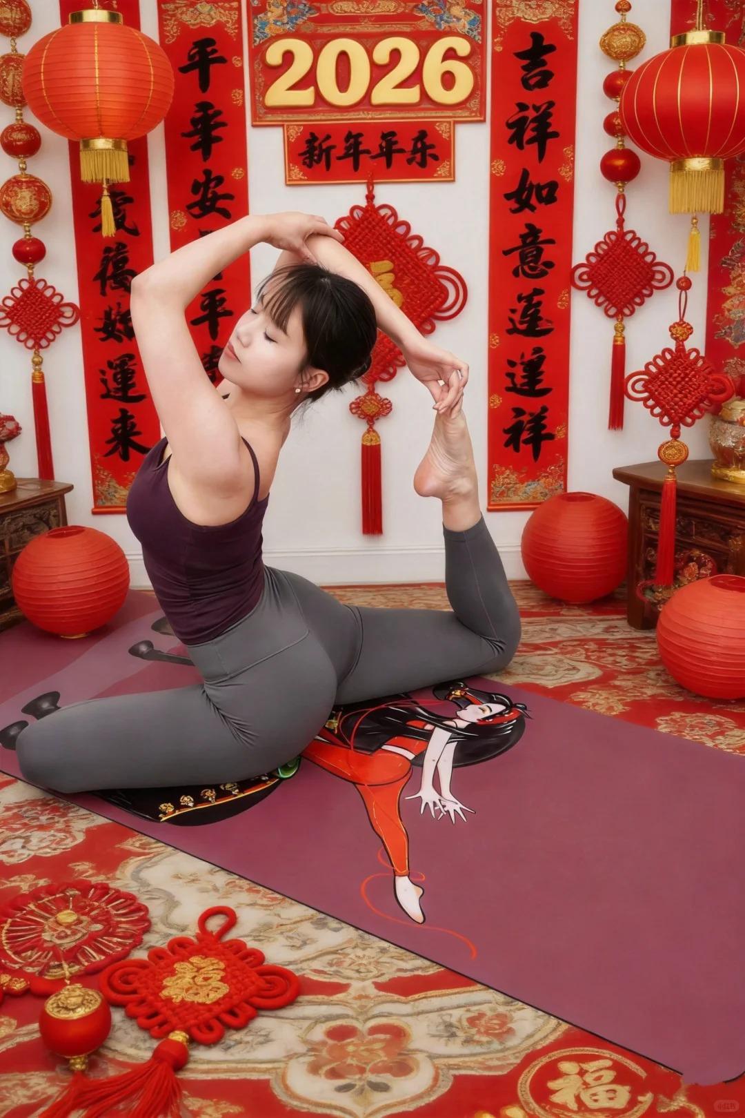 身着红韵练功服，于家中一方静土，让呼吸与晨光同频。流转的体式里，是岁月沉淀的舒展