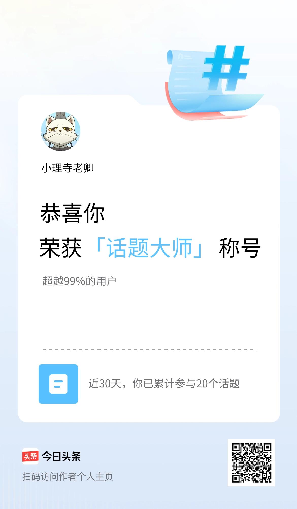 我在头条获得「话题大师」称号