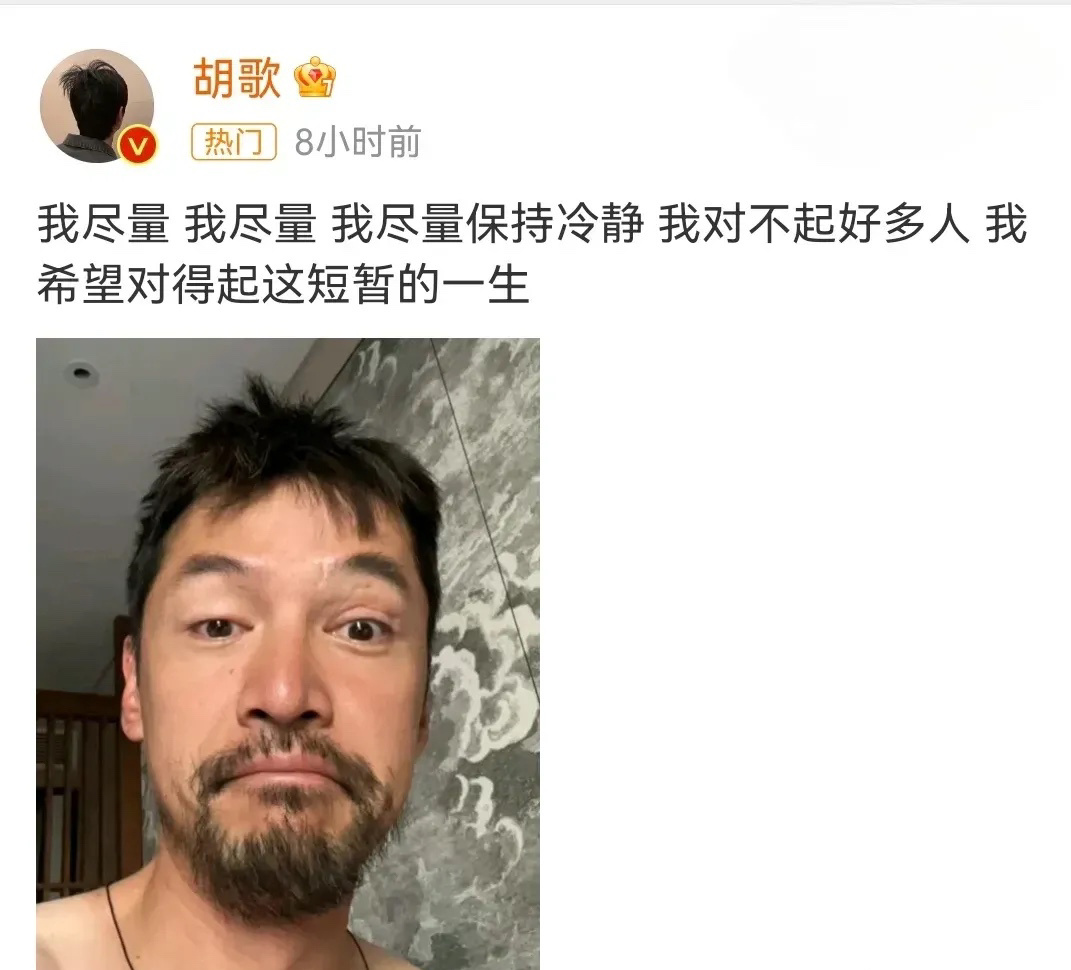 胡歌凌晨发文“我对不起好多人”，网友纷纷猜测是不是老胡“喝多了”或者有“抑郁”倾