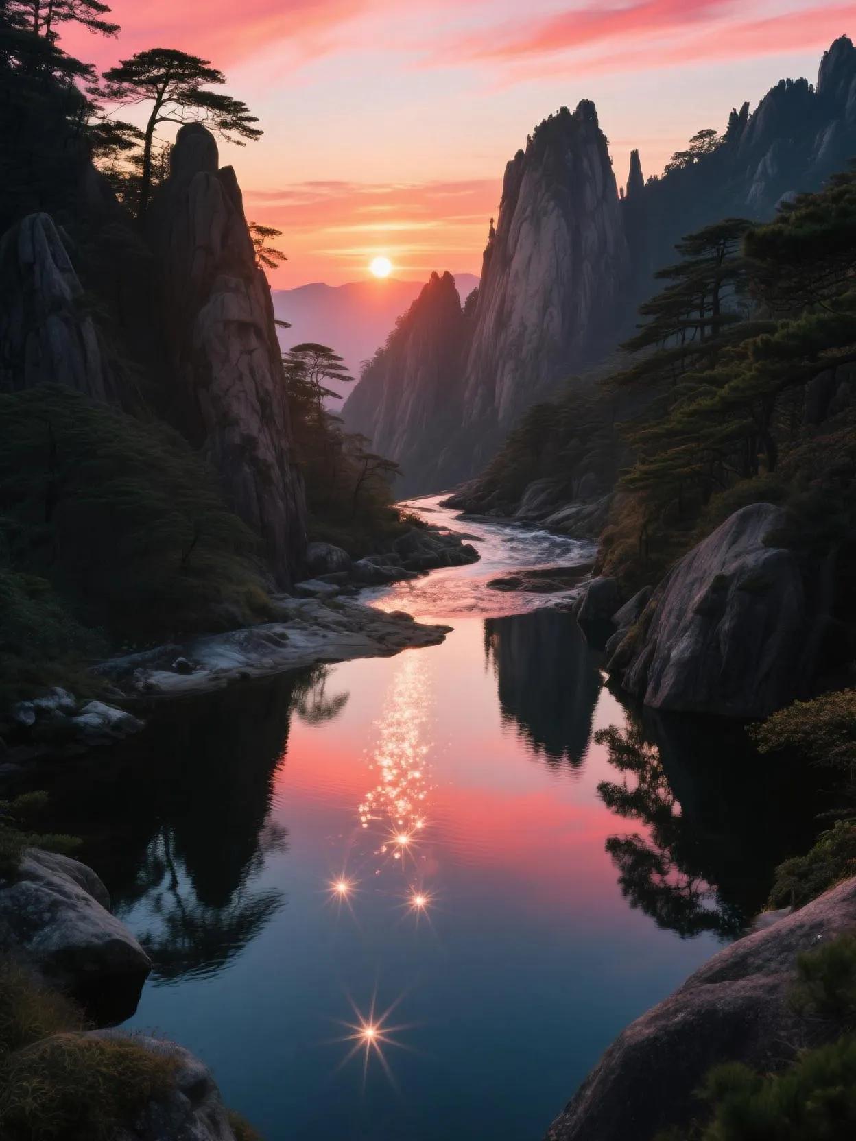 当夕阳吻上黄山，溪流闪烁星芒，深潭倒映赤霞，山水皆成流动的诗篇。黄山峰峦叠嶂 黄