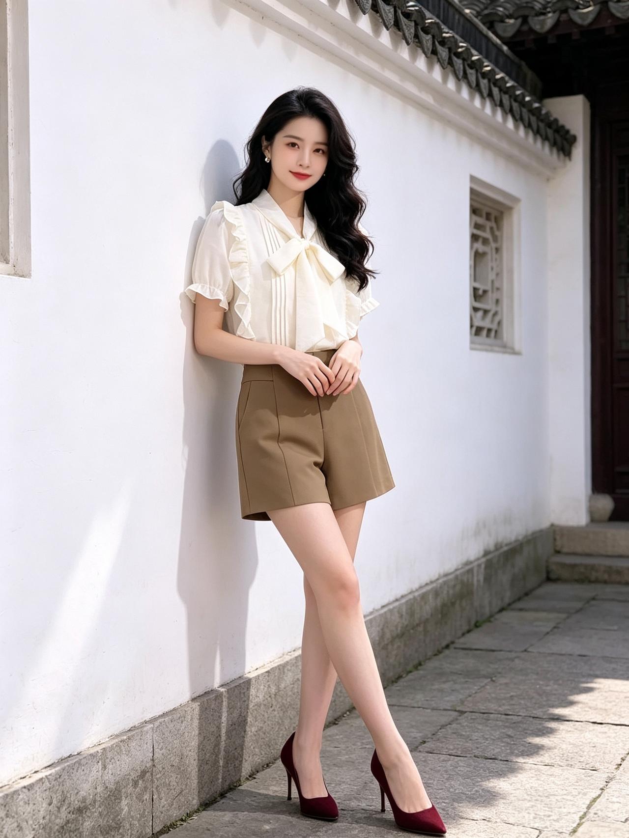 女人怎样穿搭，更显气质白墙黛瓦下，蝴蝶结衬衫遇上卡其短裤，复古又俏皮，这身穿搭简