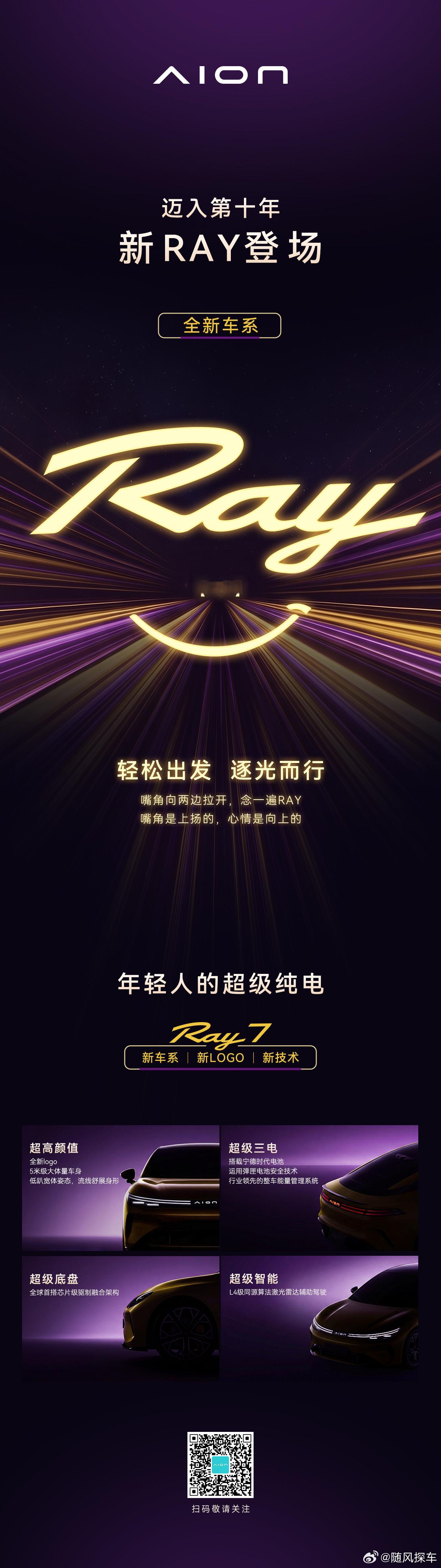 全新车系，新RAY登场超级纯电RAY7为年轻人而来与你一起轻松出发，逐光而行埃安