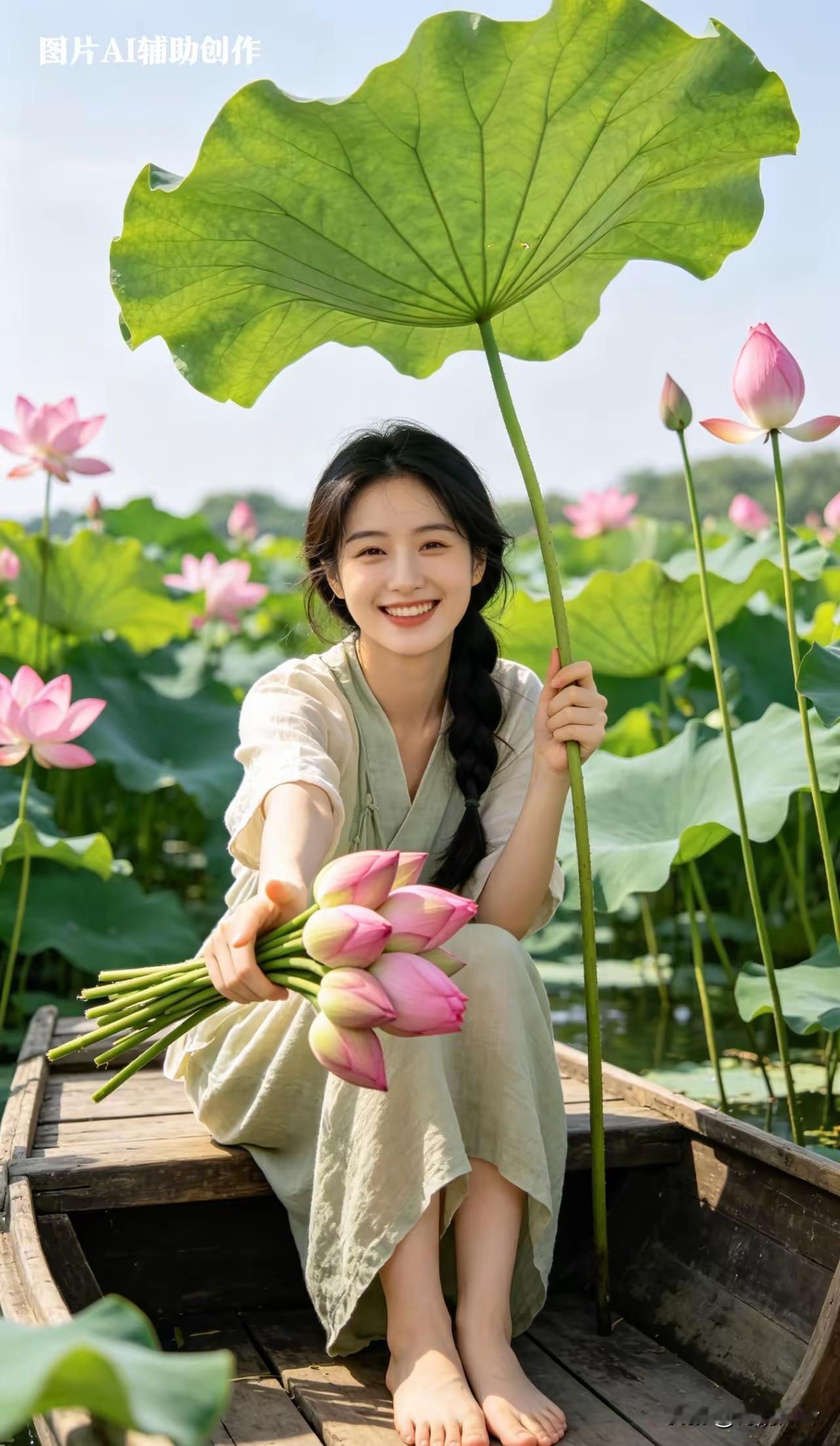 一个女孩在荷塘里采莲。