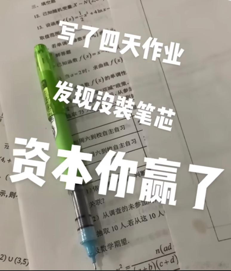 写了四天作业发现忘装笔芯如果是成年人玩梗，那这脑子有点过分抽象，如果是未成年玩梗
