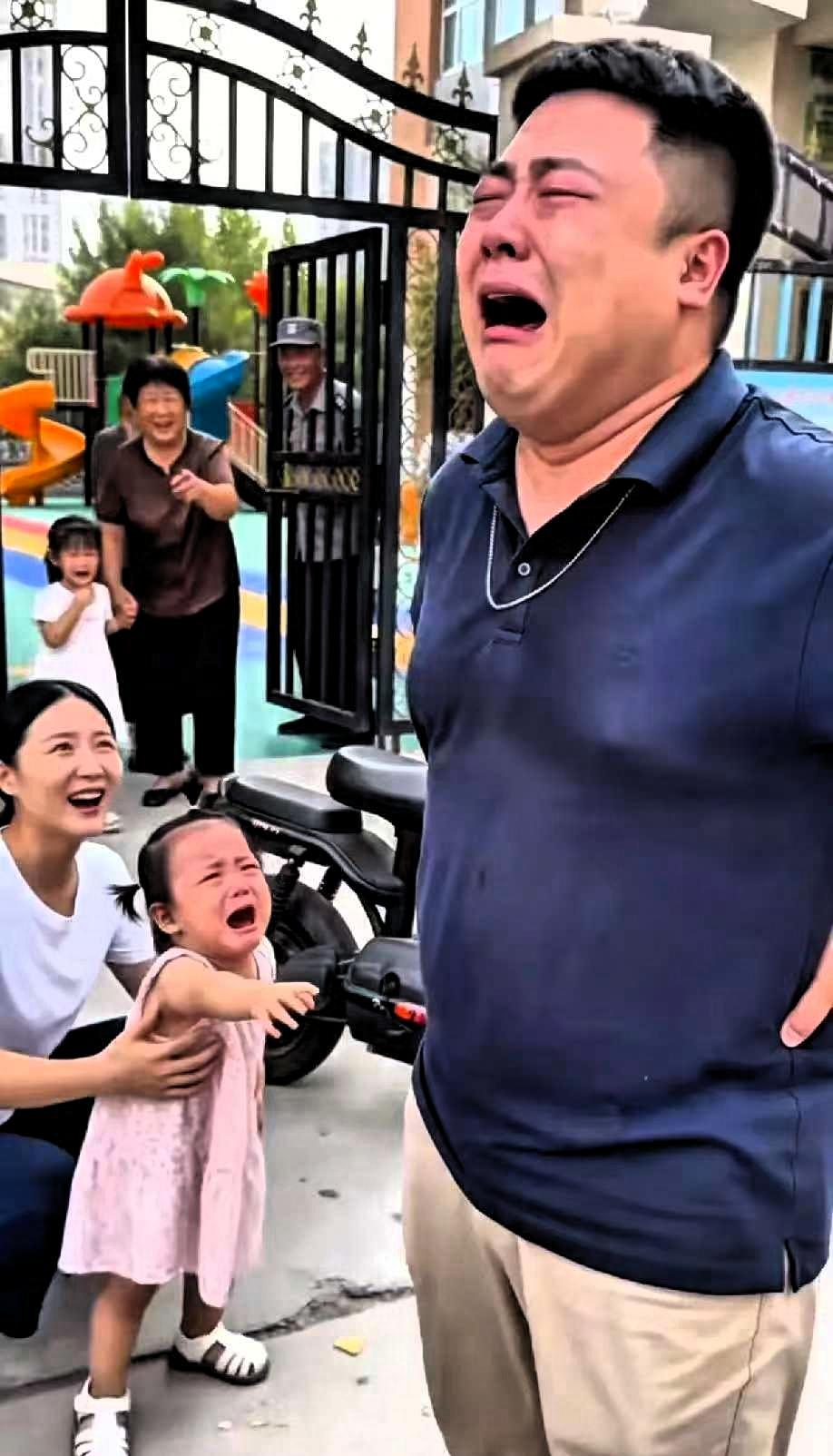 爸爸送女儿第一次上幼儿园，哭得稀里哗啦。妈妈本想哭，却被爸爸抢了风头。孩子第一次