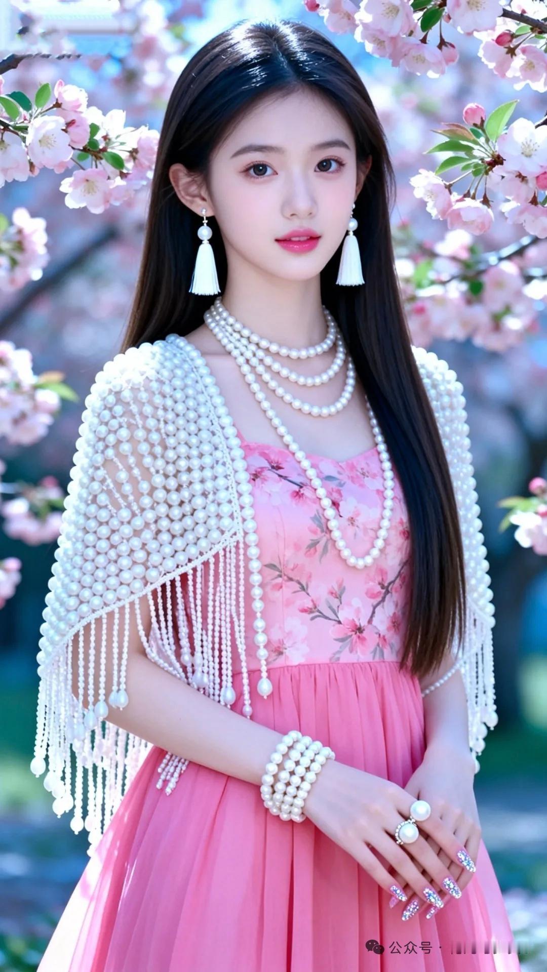 在樱花烂漫的树下，一位少女与珍珠来了场浪漫邂逅。少女身着淡粉连衣裙，静立于繁花满