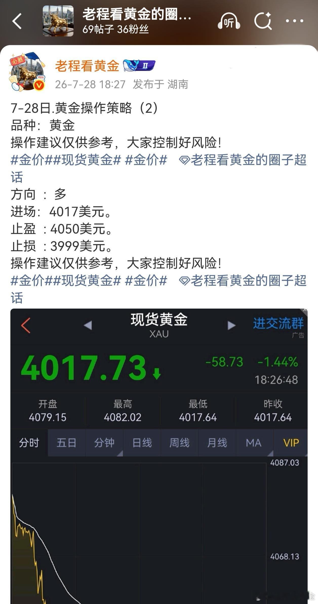黄金多单吃肉！刚刚圈子给大家建议低位4017美元进场的黄金多单，现价涨到4034
