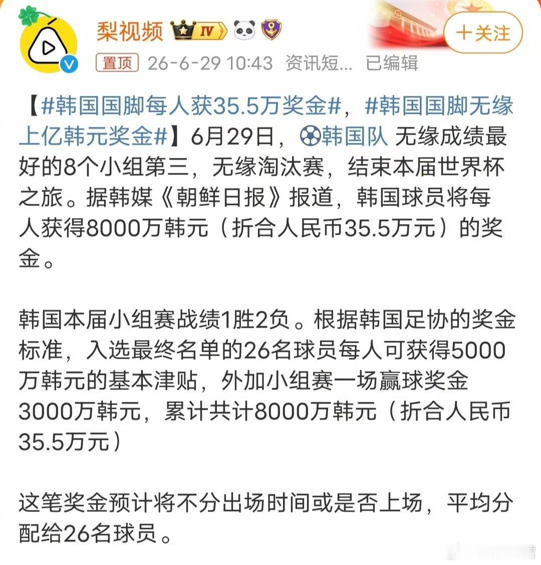 韩国国脚每人获35.5万奖金韩国队虽止步世界杯小组赛，但全员统一发放35.5万奖