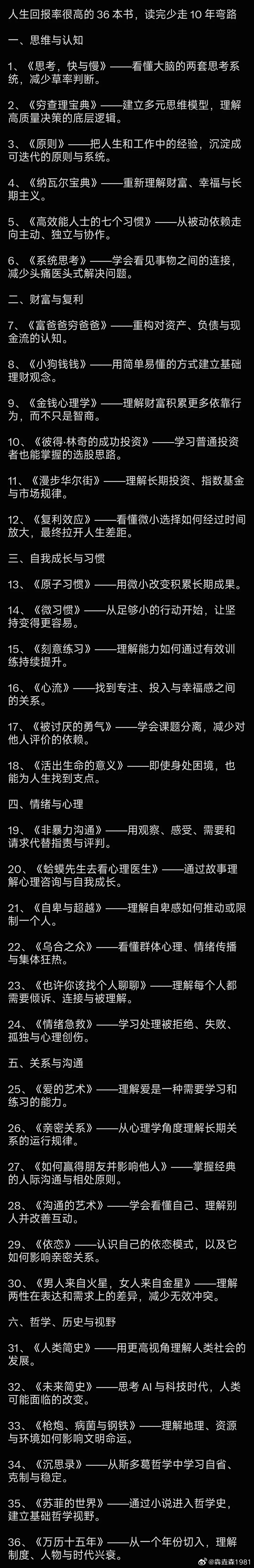 人生回报率很高的36 本书，读完少走10年弯路 