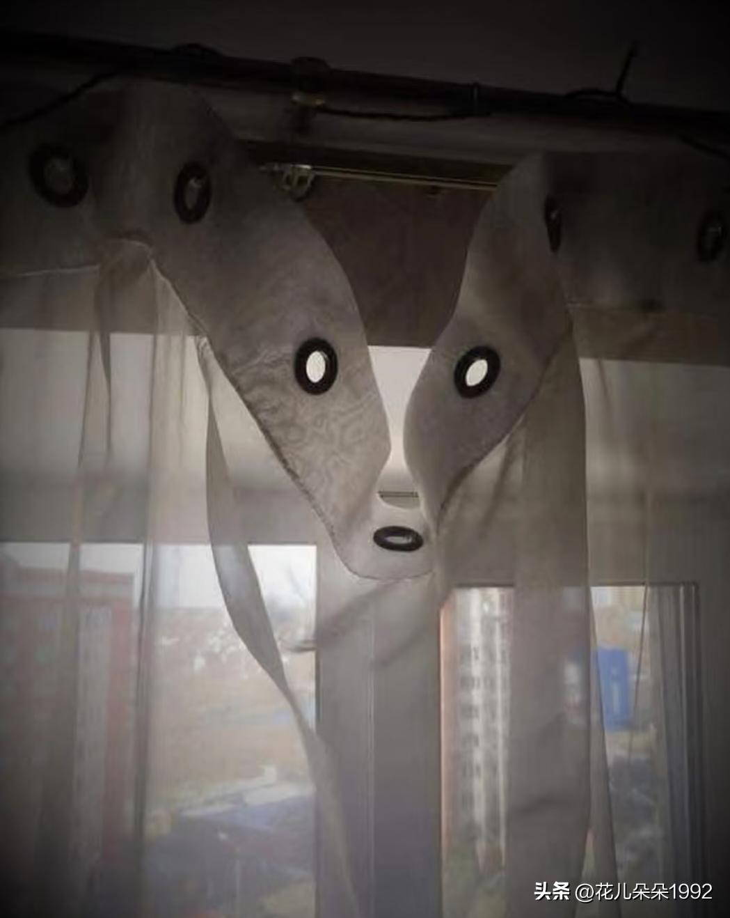 掉链子后面，午休睁开眼一看， 还以为窗帘成精了呢。
   茫然不知所措的窗帘
震