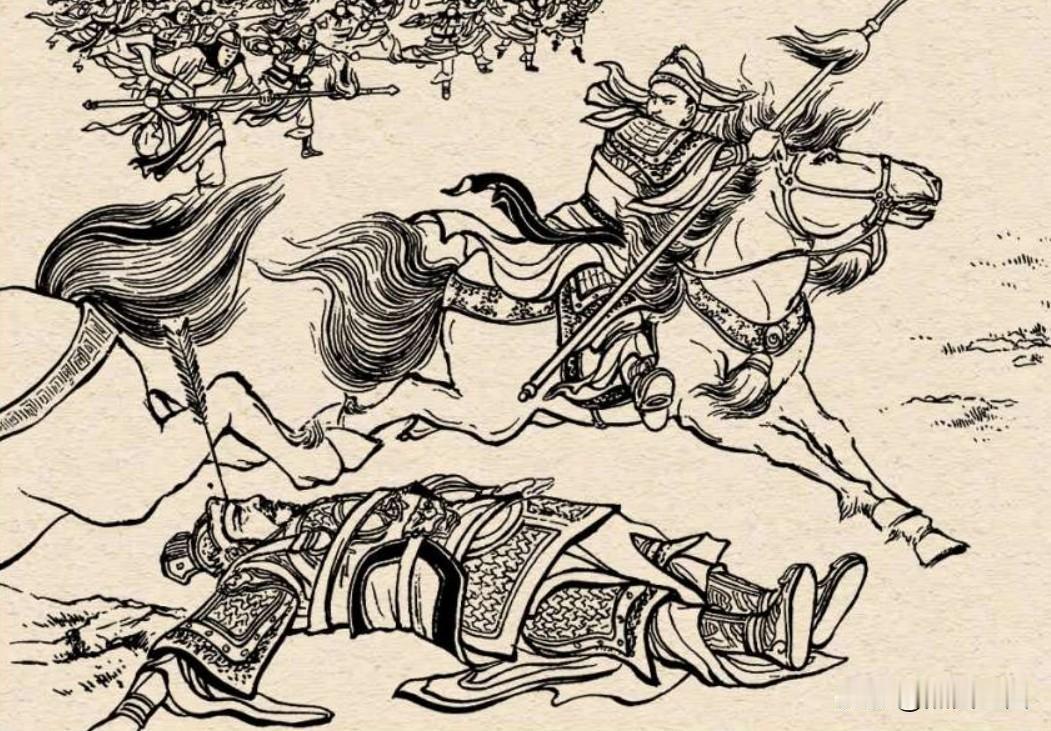 咋一看，明明这图上骑马的武将，手持长枪，为啥躺地上的武将，反被他用弓箭射杀而死？