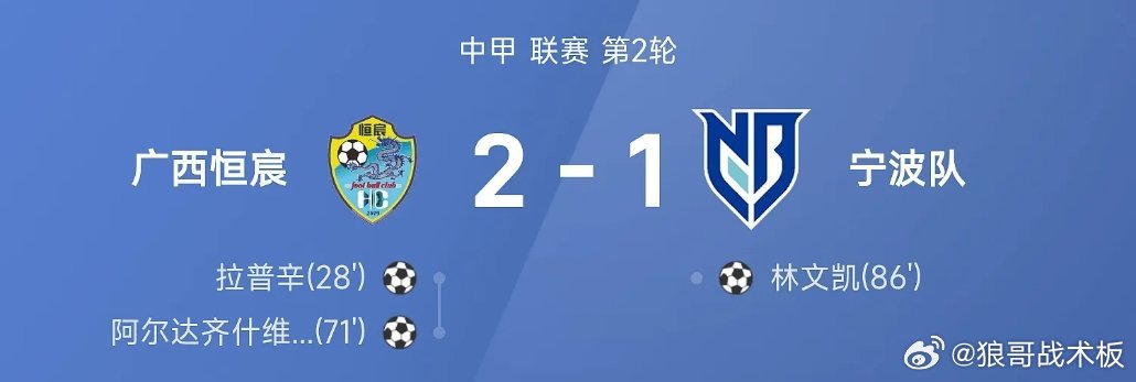 中甲战报：拉普辛破门，广西恒宸2-1宁波队获中甲队史首胜03月20日 26赛季中