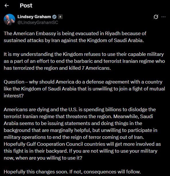 疯狗格雷厄姆参议员：美国为什么要与沙特阿拉伯王国这样的国家签署防务协议？该国连一