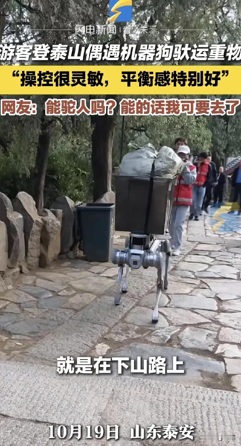 机器狗可以爬山运送物资，以后挑山工就会成为历史名词了。
机器狗也好，无人机也好，