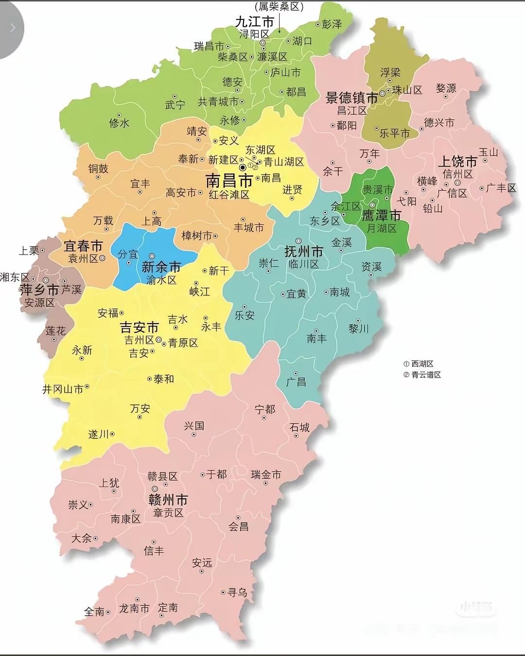 江西省行政区划图

江西省面积16.69万平方公里，下辖11个地级市，截止到20