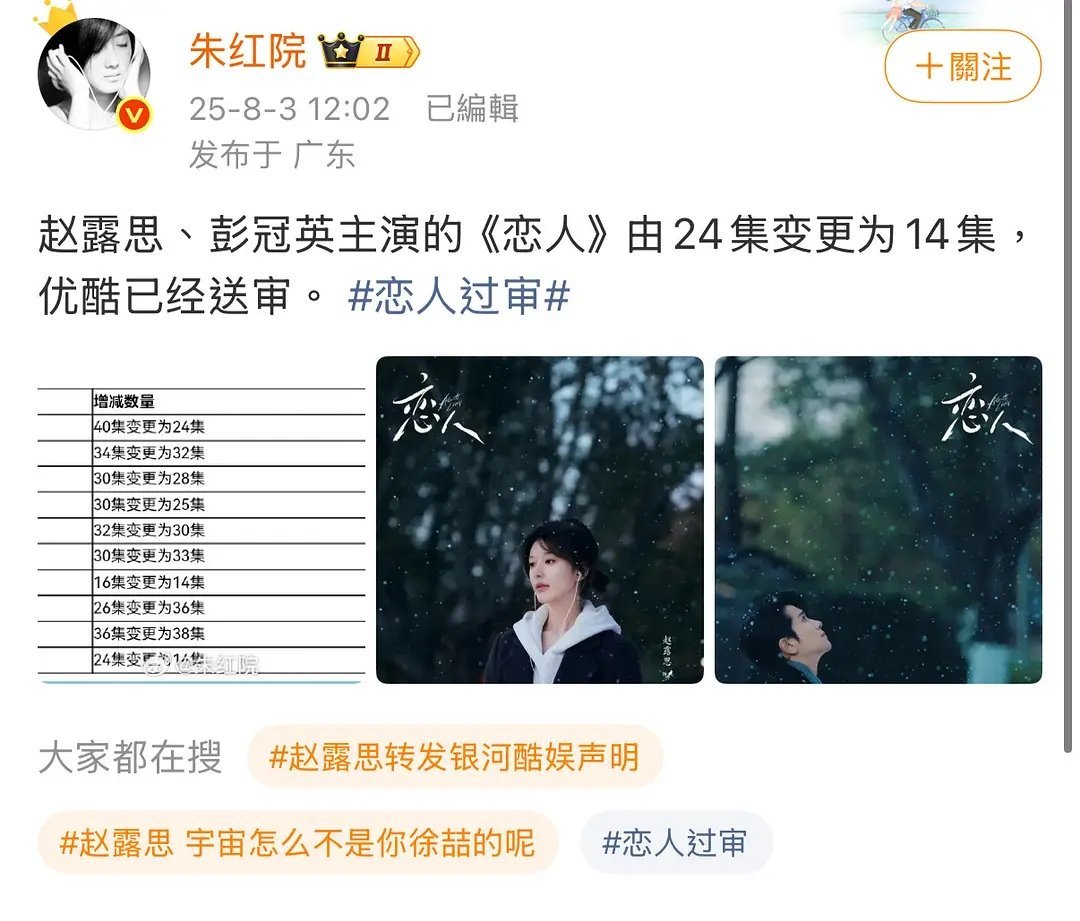 恋人送审了 改成14集了？ ​​​