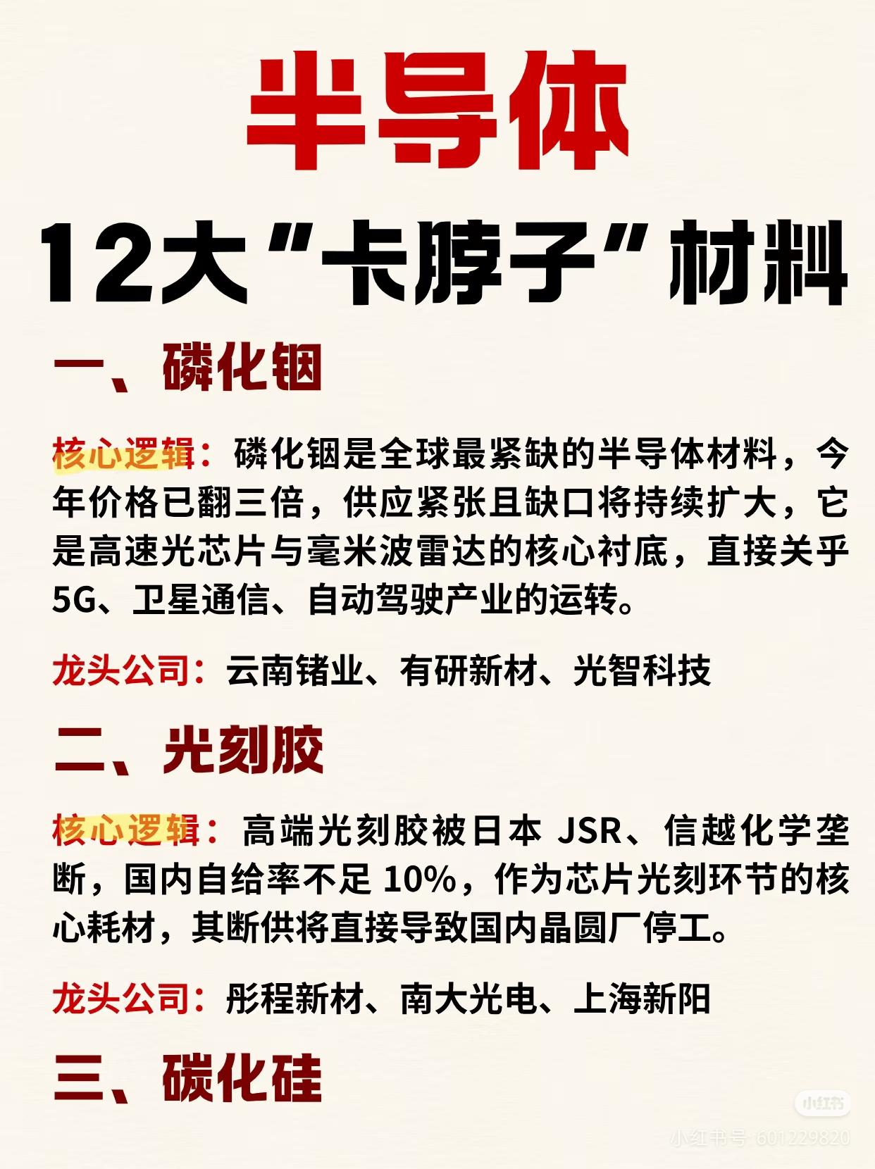 半导体12大卡脖子材料全梳理，国产替代主线收好
 
AI算力爆发+海外垄断，12