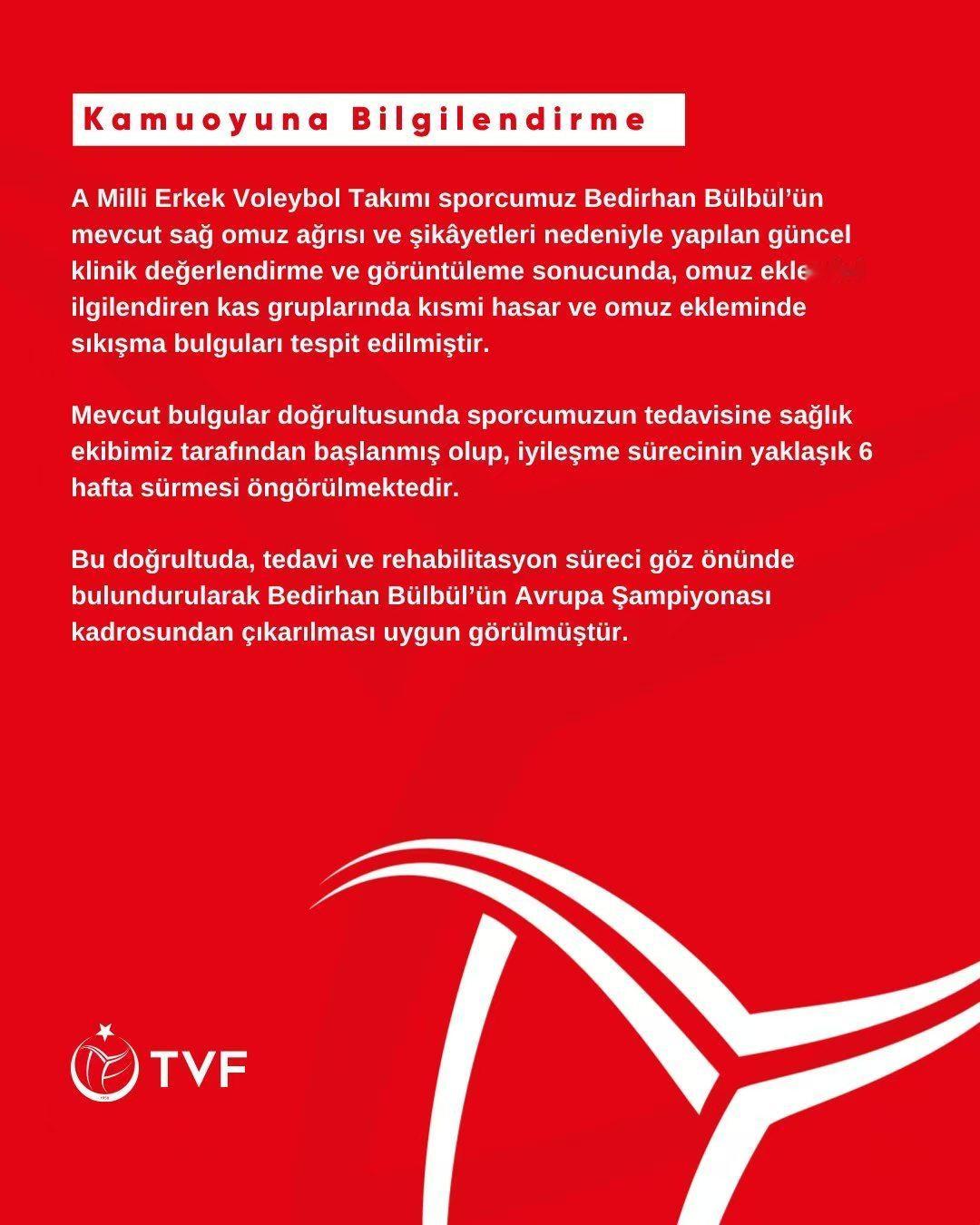 土耳其🇹🇷排协官宣副攻布尔布尔因伤将缺席欧锦赛。 ​​​