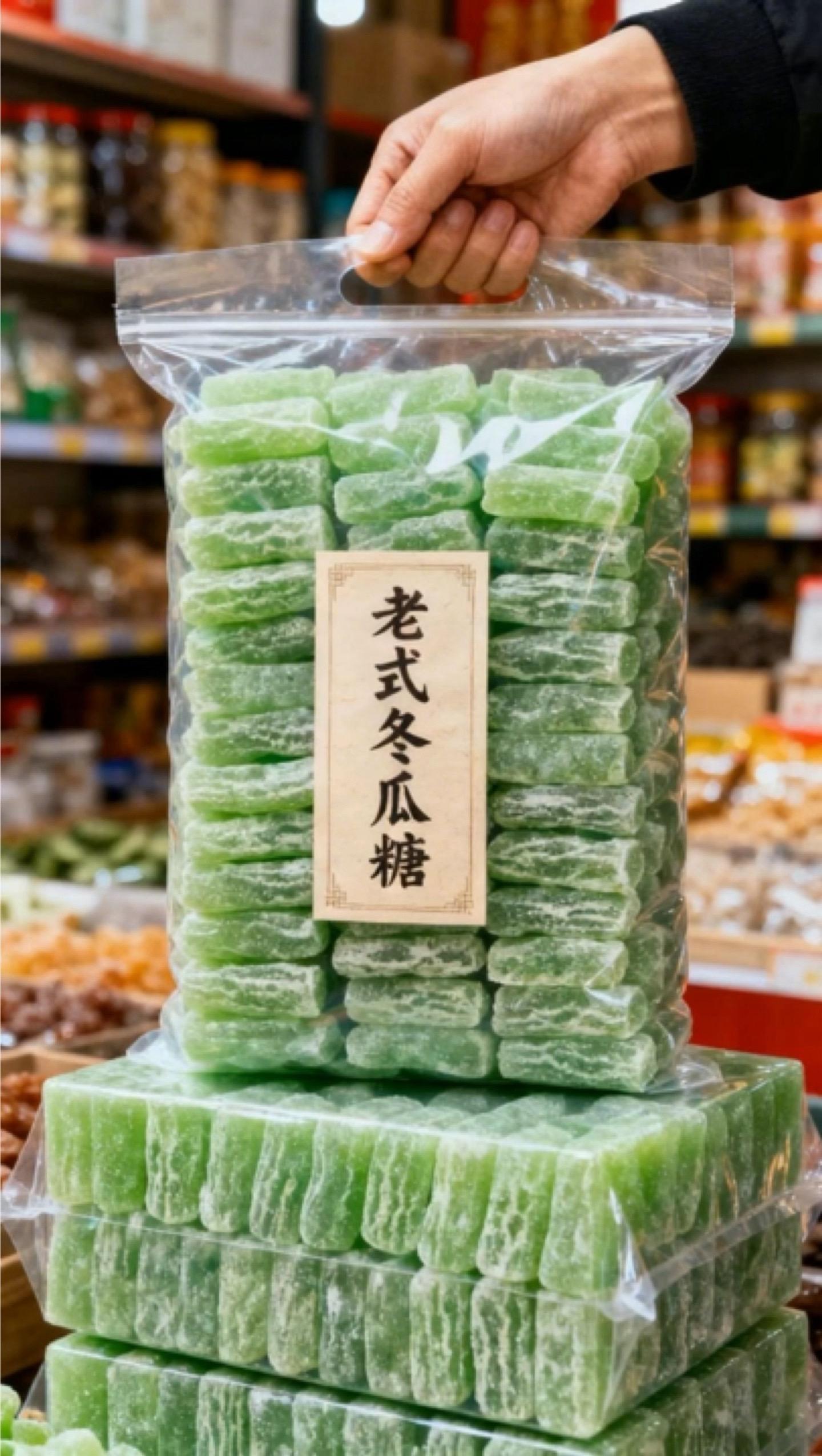 小时候逢年过节必吃的冰糖冬瓜条终于找到了！ 表层裹着一层薄糖霜，果肉透...