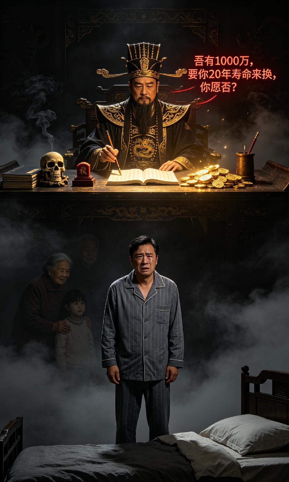 某人40，上有老下有小，某晚，睡梦见地府判官，判官对他说：吾有1000万要你20