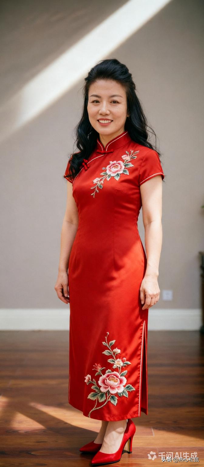 这位女士穿着红色旗袍，看起来很漂亮。