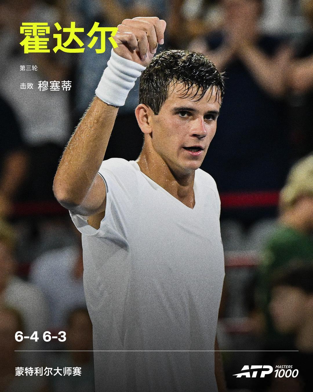 霍达尔淘汰穆塞蒂ATP1000 蒙特利尔大师赛男单第三轮，霍达尔直落两盘，以6-