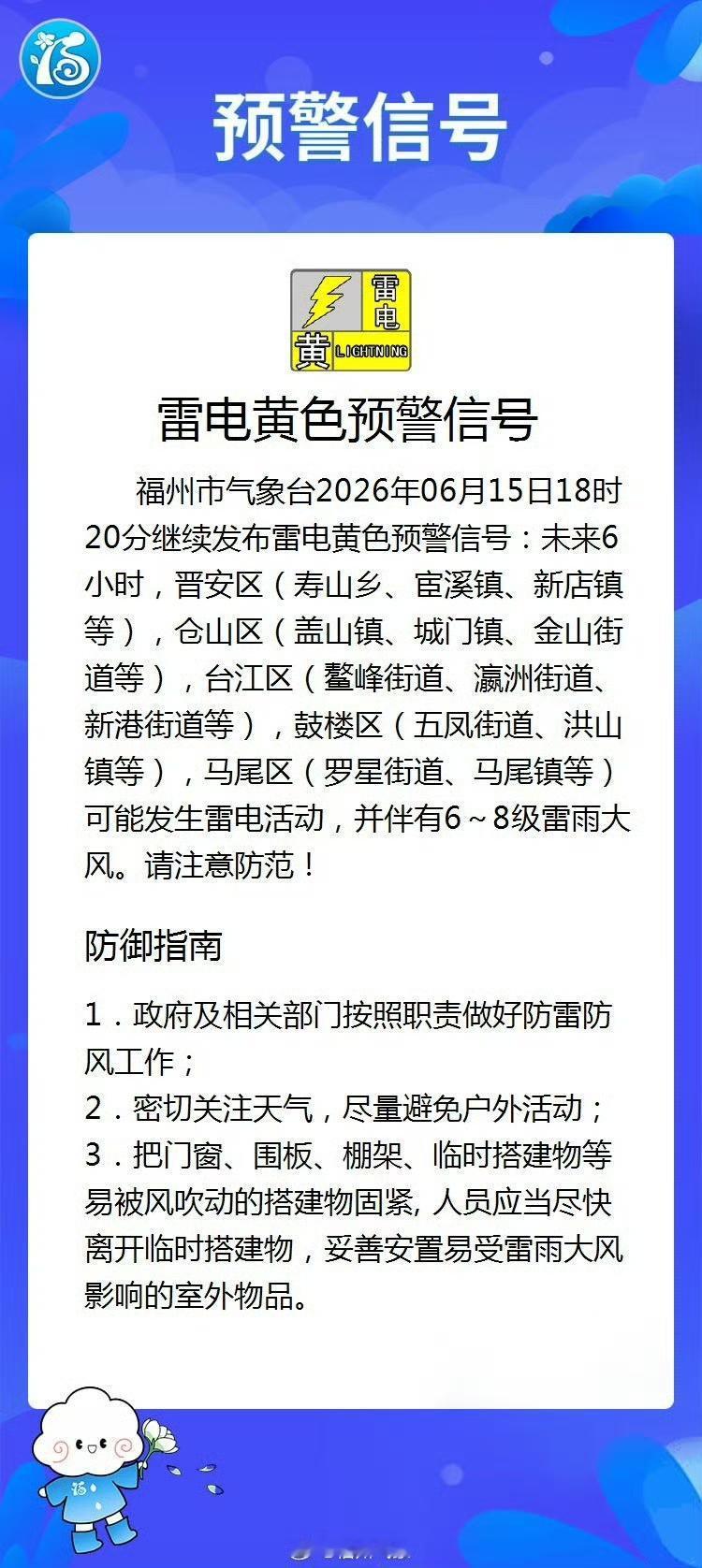 【福州市雷电黄色预警信号】

福州市气象台2026年06月15日18时20分继续