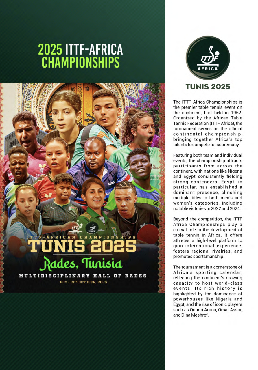 2025非洲乒乓球锦标赛将于12日-19日在突尼斯·拉德斯体育馆举行2025泛美