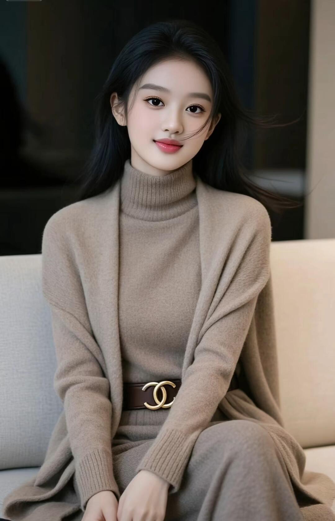 温柔甜美的秋冬穿搭，米色毛衣搭配同色系开衫，简约优雅。