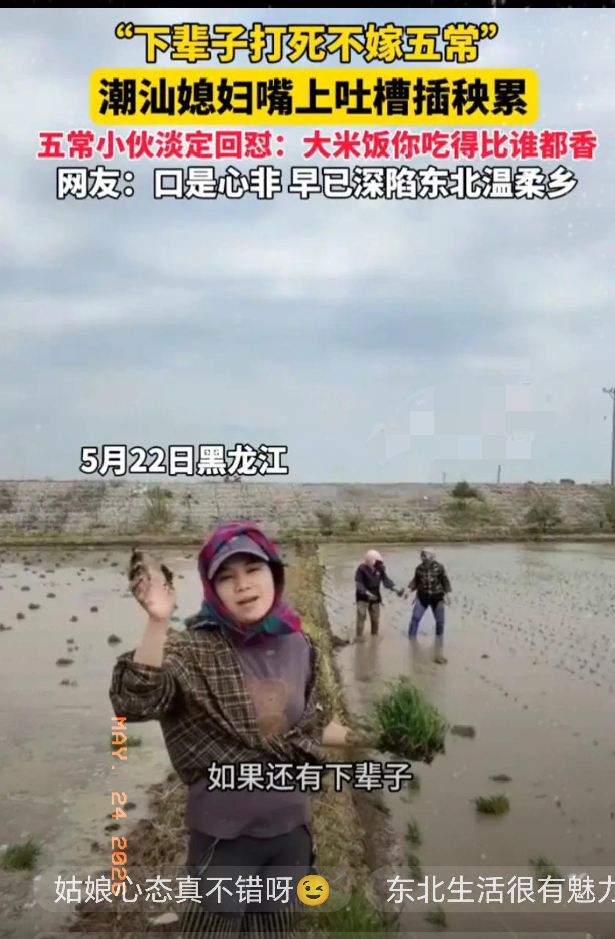 笑不活了！5月23日黄河新闻网报道，一位潮汕姑娘远嫁黑龙江五常，跟着家人下地插秧