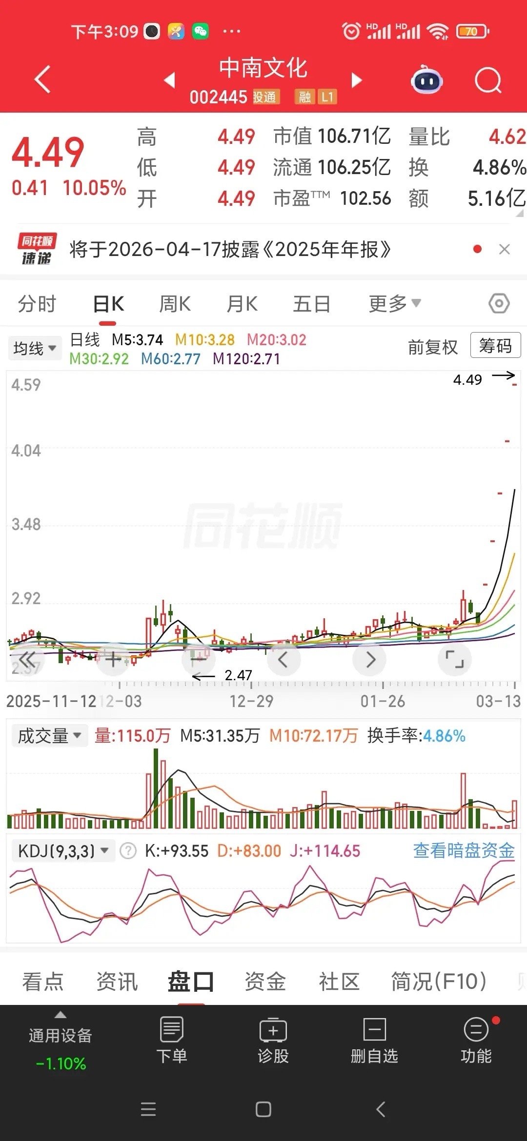 2026年3月13日市场高度板14板：9板：6板：5板：中南文化4板：华电能源3