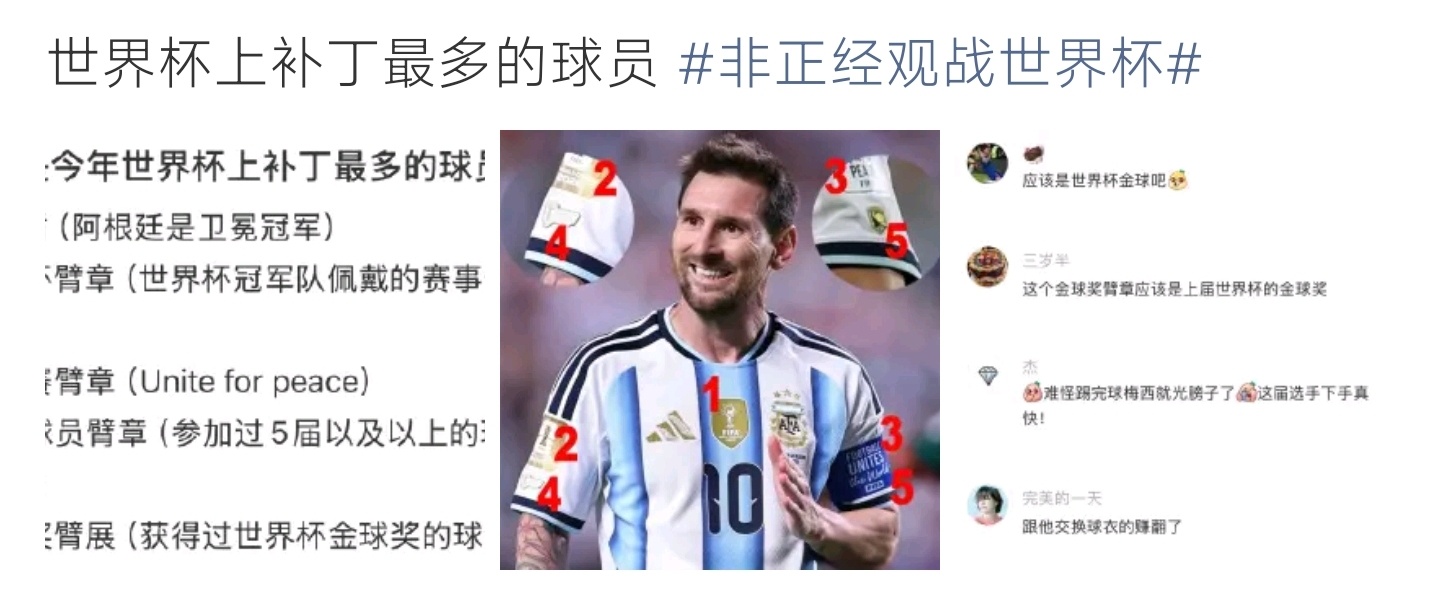世界杯上补丁最多的球员集齐多款赛事臂章补丁，见证五届世界杯征程，件件徽章藏着一路