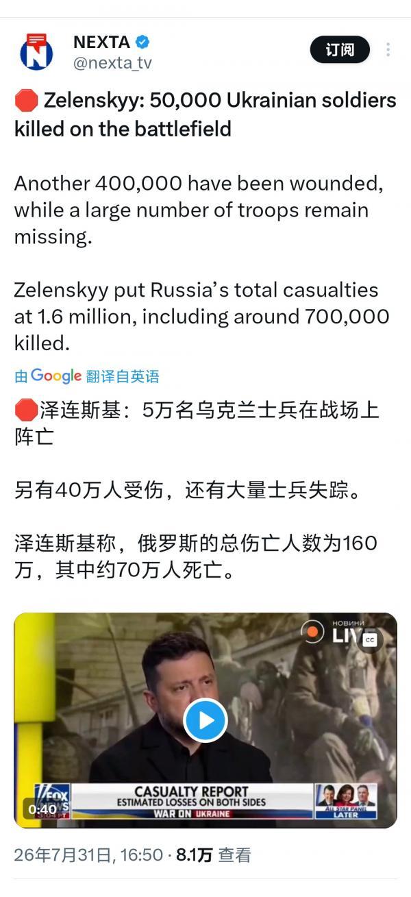 泽连斯基：乌克兰阵亡5万，俄罗斯阵亡70万，1 比 14 的战损，乌克兰军队可以