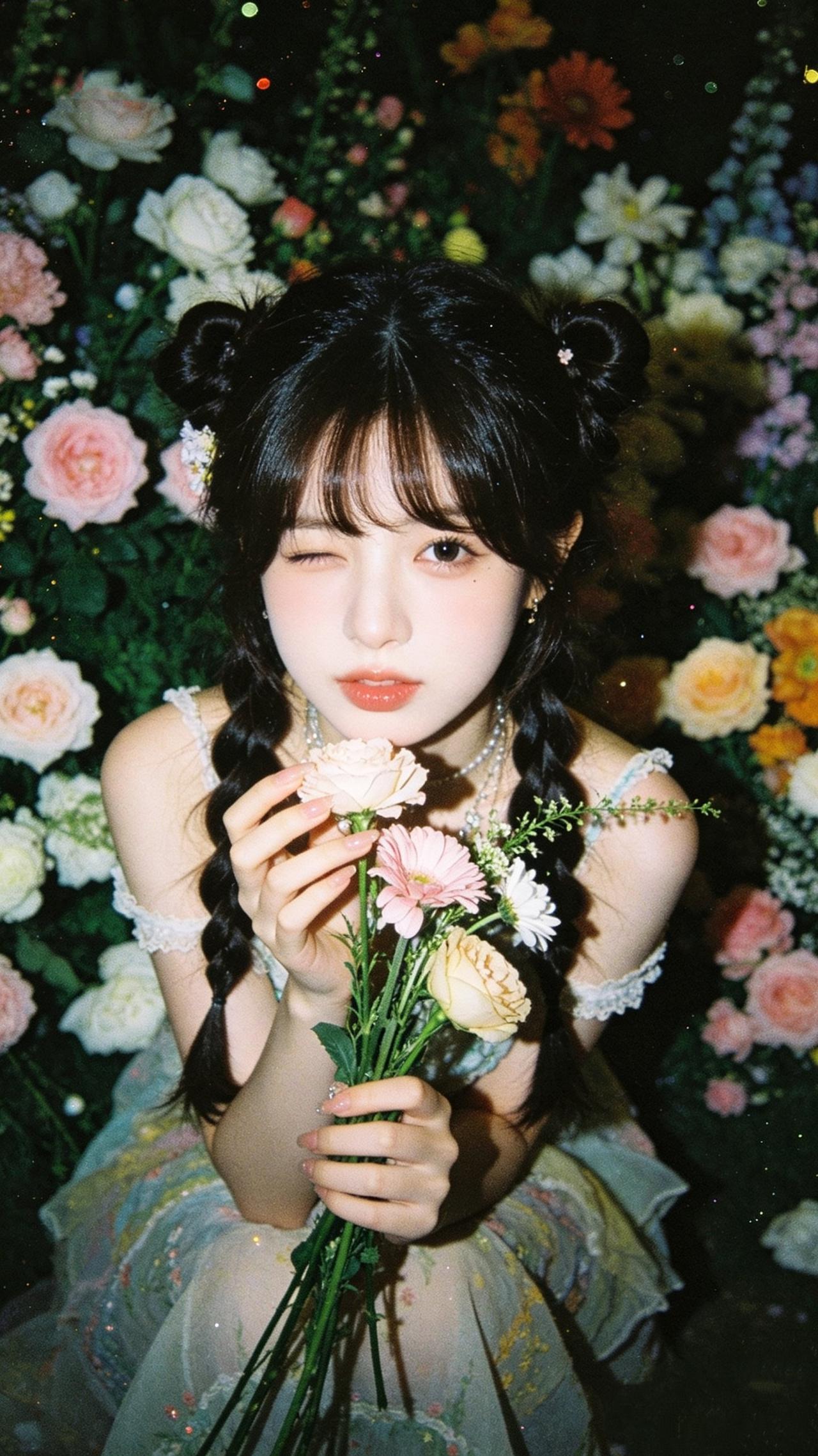 谁能拒绝傍晚街头自带柔光的温柔女生。梦幻花海中的甜美少女，手持花束，闭眼微笑，仿