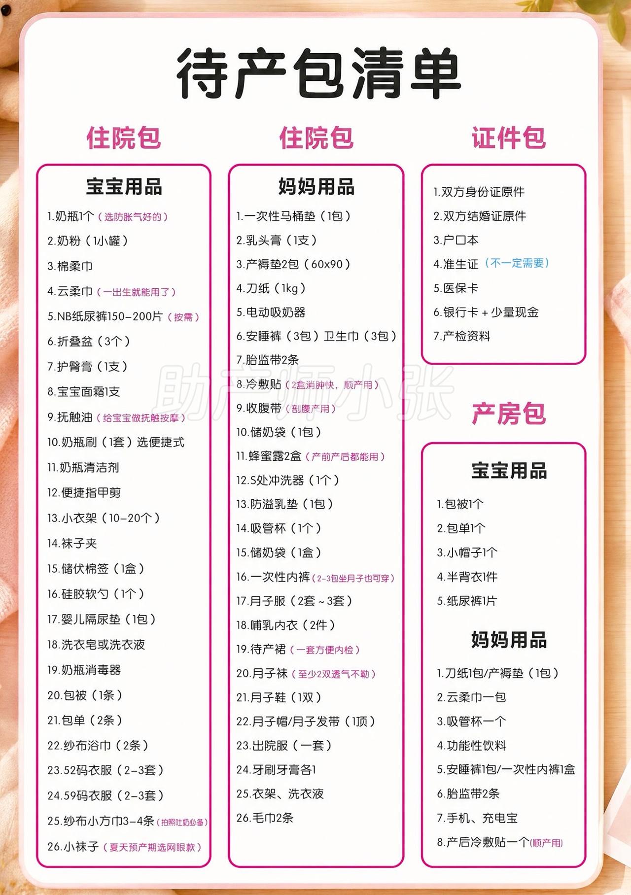 待产包清单来啦，照着准备不慌乱～
用品提前准备，迎接宝宝到来❤️
待产包 孕晚期