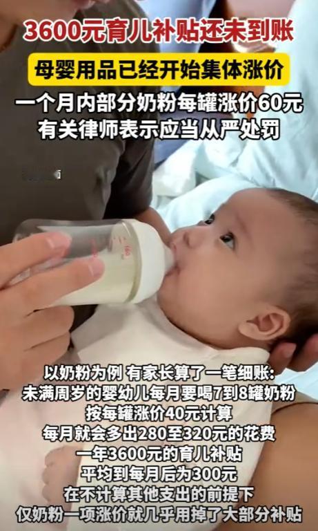 国家刚宣布要给3岁以下婴幼儿家庭发每年3600元育儿补贴， 结果补贴还没到账，奶