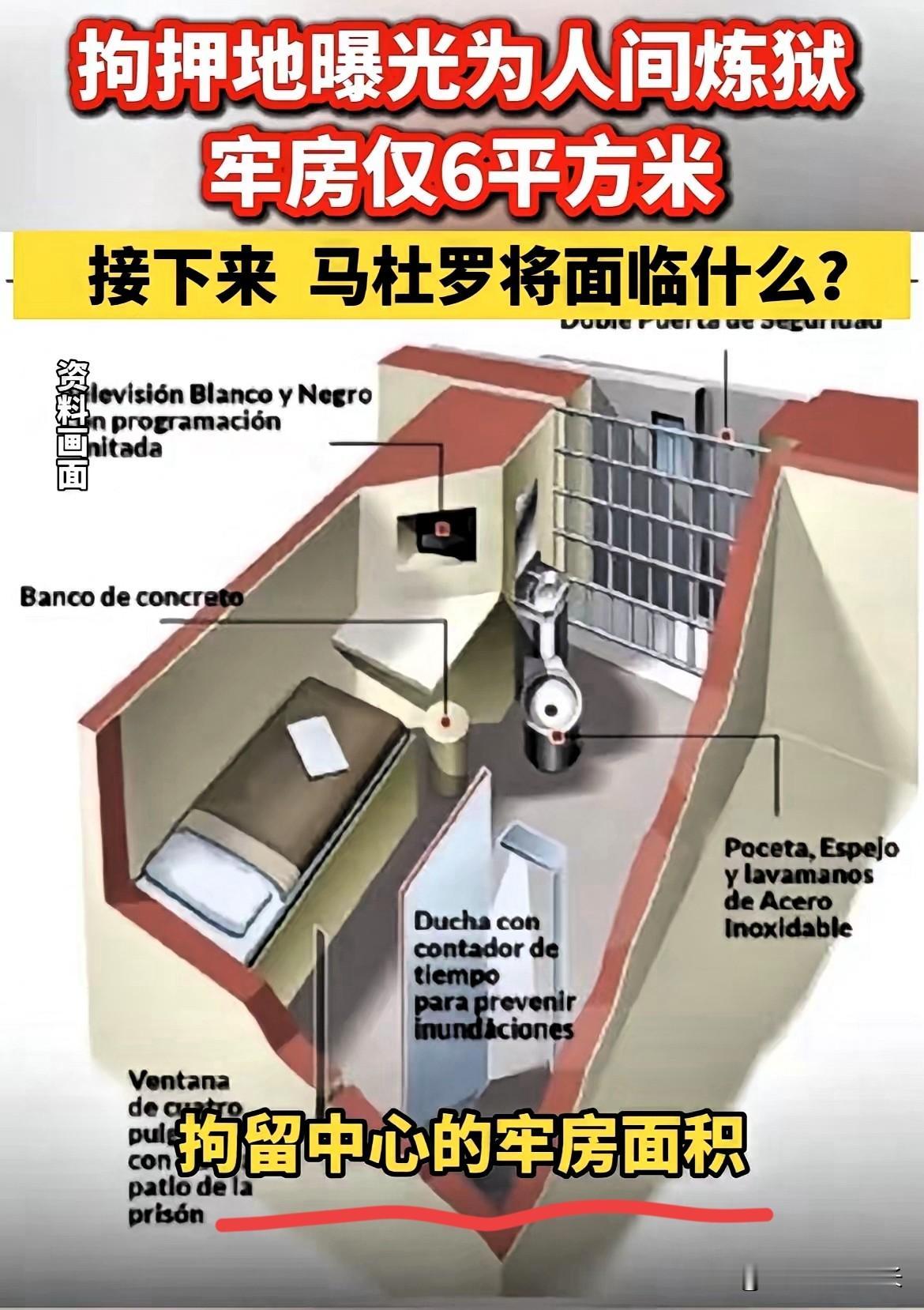 对待一国总统，赤裸裸的折磨和羞辱。马杜罗被关押纽约，牢房只有6平方米，极其恶劣！