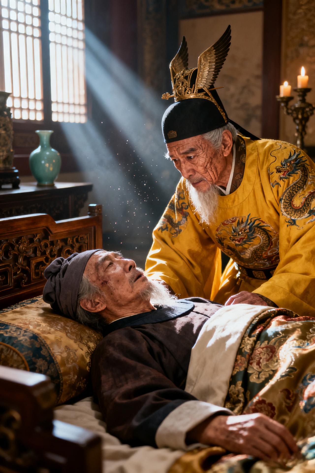 1395年，奄奄一息的汤和，躺在病床上，看见一个人走进了房间内，他的内心是又惊又