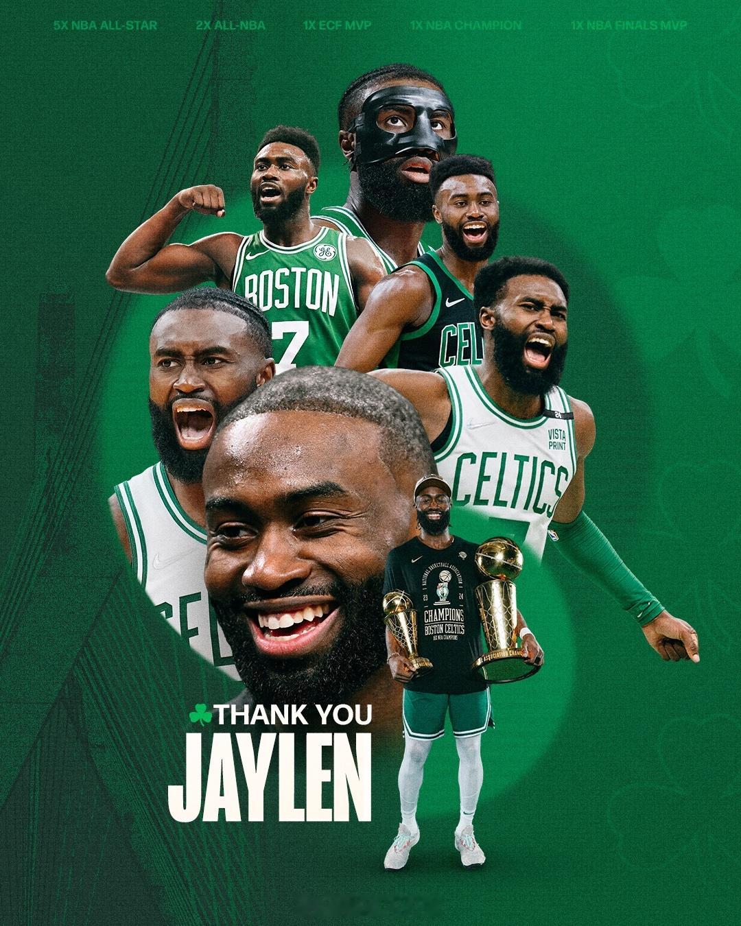 再见！凯尔特人官方发推告别杰伦-布朗：✅ 5次NBA全明星✅ 2次NBA最佳阵容