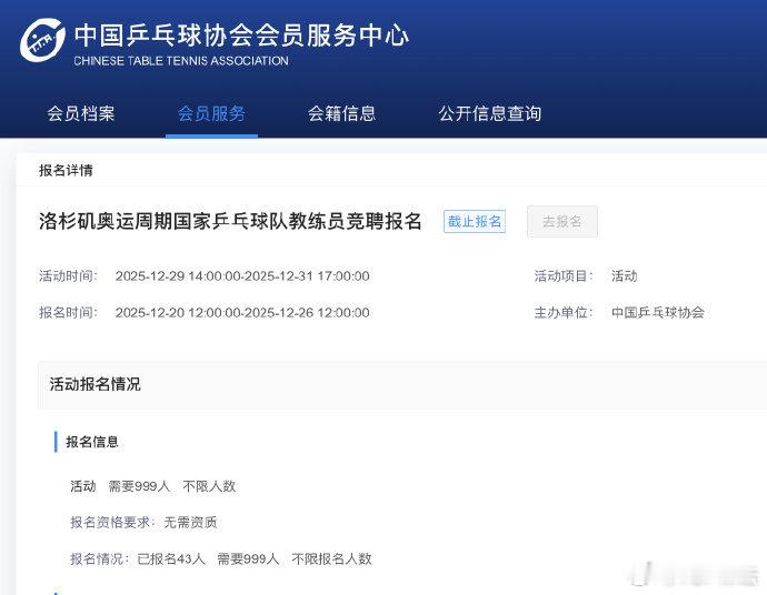 国乒教练员竞聘共43人报名据中国乒协官网，洛杉矶奥运周期国家乒乓球队教练员竞聘报