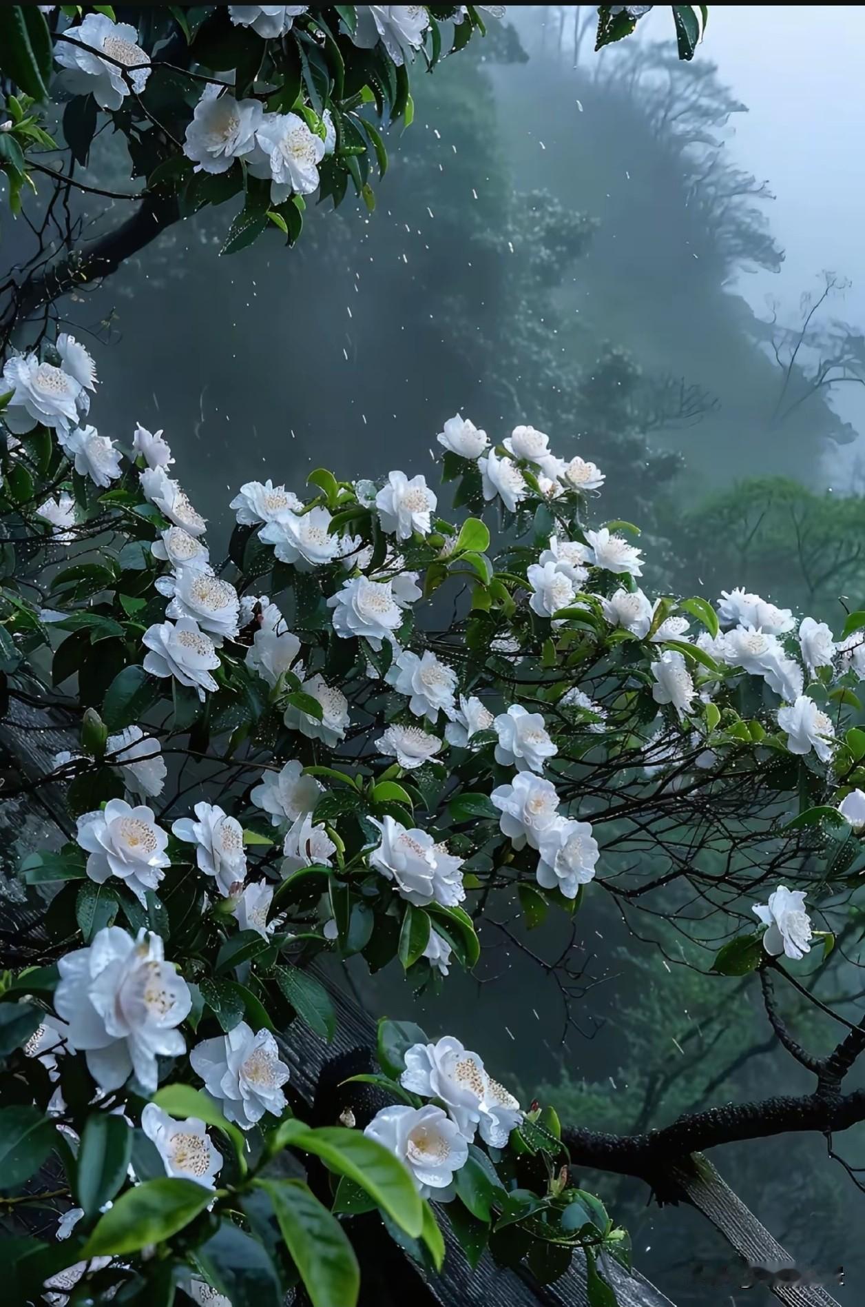 雨中山茶，雾里青山，连风都慢了下来。原来慢下来，才是生活的解药。不必追赶别人的脚