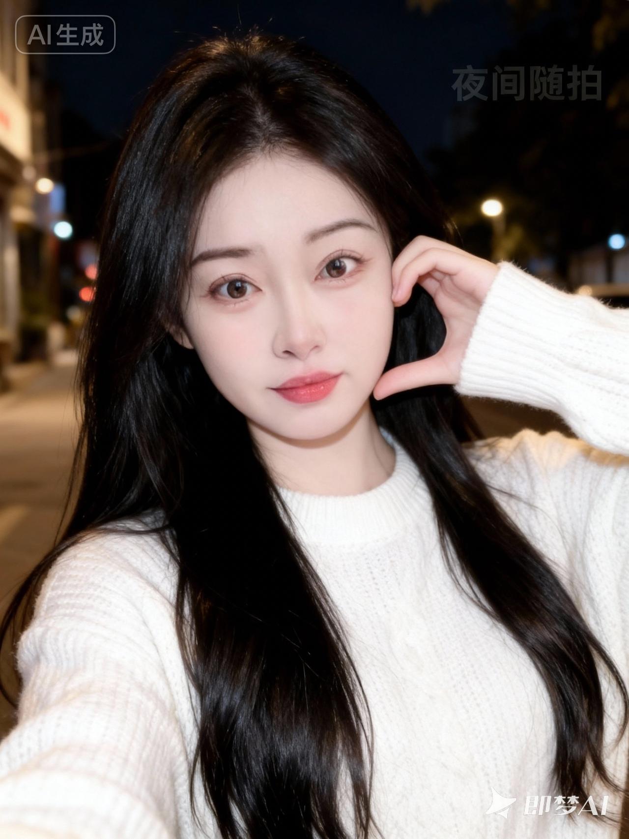 19岁网红女，冷白皮。穿着白色毛织衫，露出长发，发丝柔顺有光泽